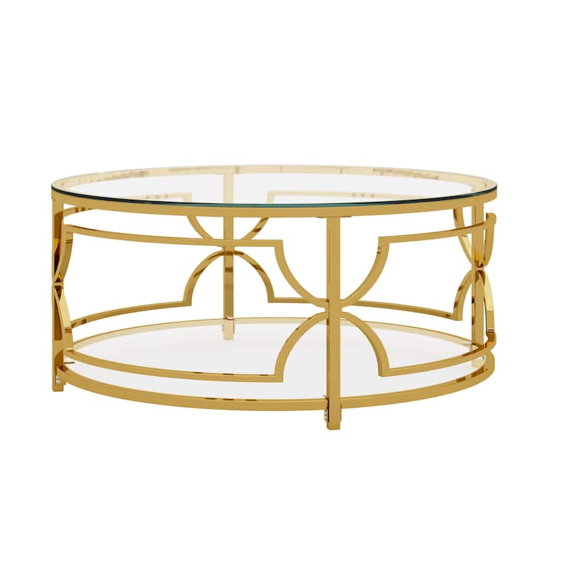 Glass Coffee Table Round Living Room Table, Luxurious Storage Table with Lower Shelf, 30.7" Center Table with Tempered Glass Top