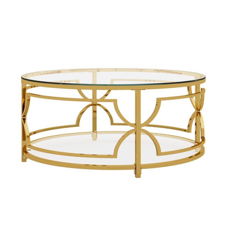 Round Glass Coffee Table with Luxurious Geometric Metal Frame by Harper&Bright Designs
