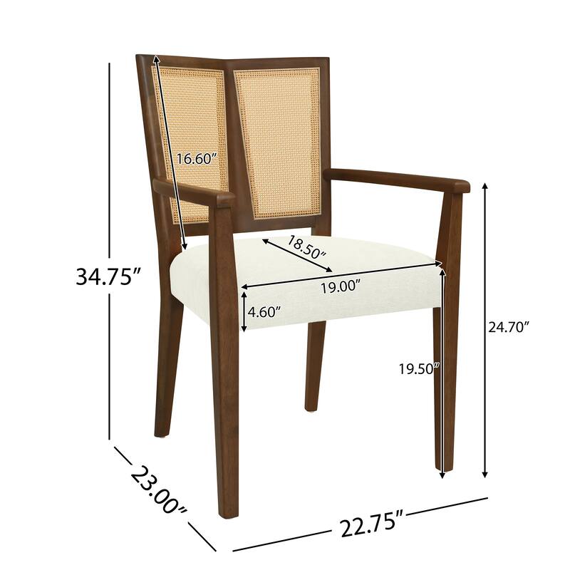 Set of 2 Modern Wooden Arm Dining Chairs with Rattan Backrest, Upholstered Fabric Seat, Rubberwood Frame