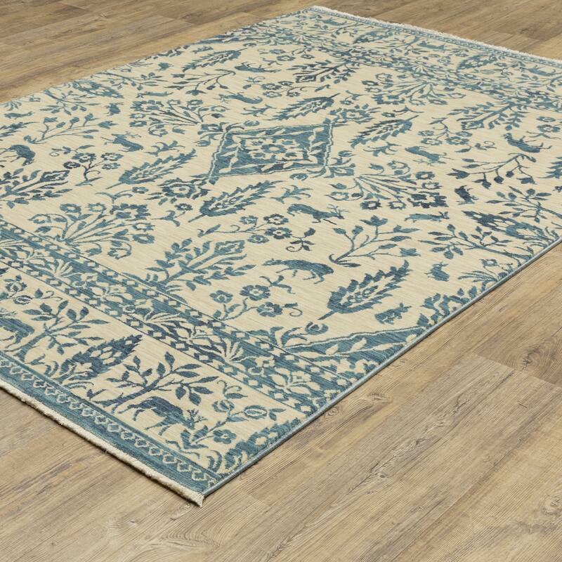 Style Haven Federica Bohemian Border Ivory/Blue Fringe Edge Area Rug