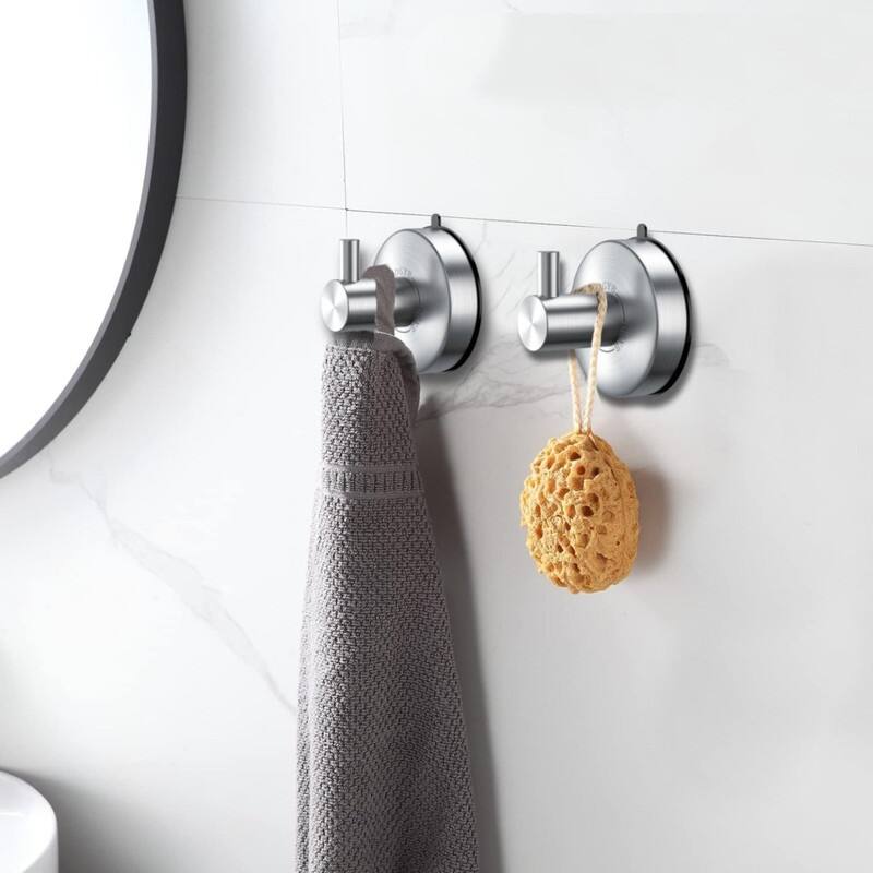 Bathroom Suction Cup Hooks Set of 2 Brushed Nickel Stainless Steel Shower Hooks 15 lbs