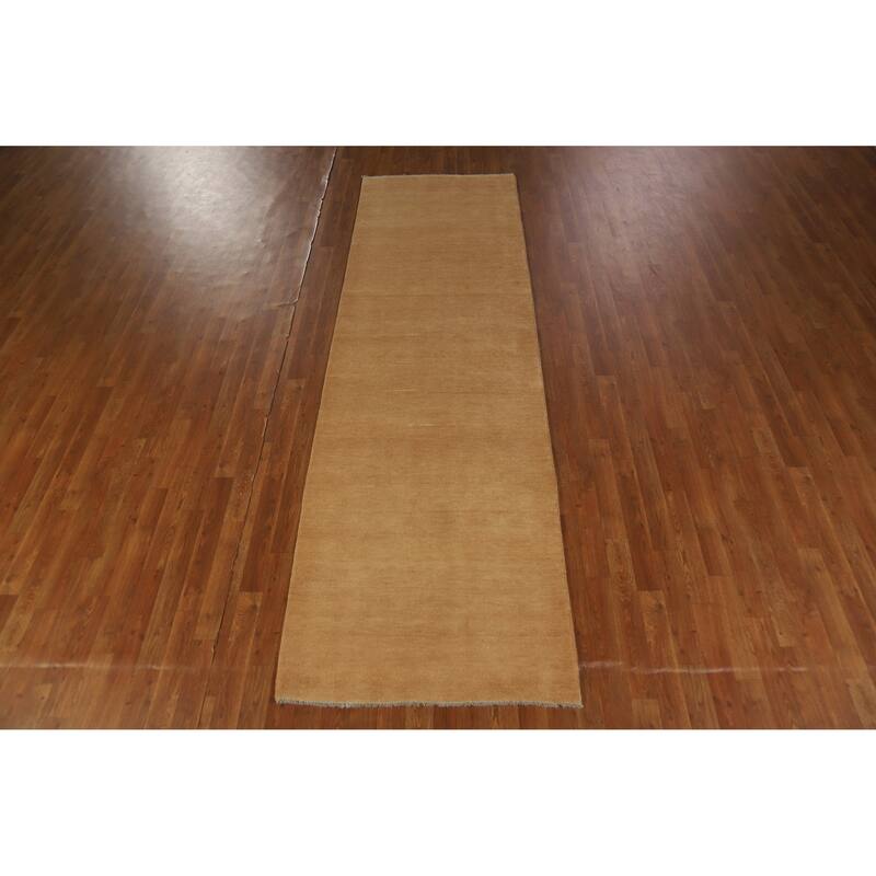 Hand Knotted Oriental 100% Wool Carpet Modern Solid Yellow & Gold Gabbeh Runner Rug - 10' 2'' X 3' 1''