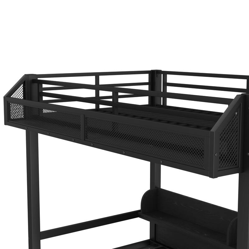 Twin XL over Twin XL Bunk Bed with Lower Bed Converted into Sofa, USB Ports, LED Lights, Storage Shelves and Underbed Drawers
