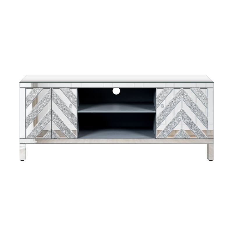 59" TV Stand with M Shape Sparkling Mirror Doors, Open Storage and 2 Storage Cabinets for TVs Up to 65"
