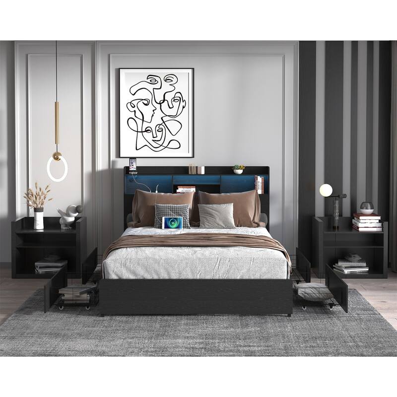 Full Storage Bed Frame with Headboard, USB Charging, and LED Lights - Black
