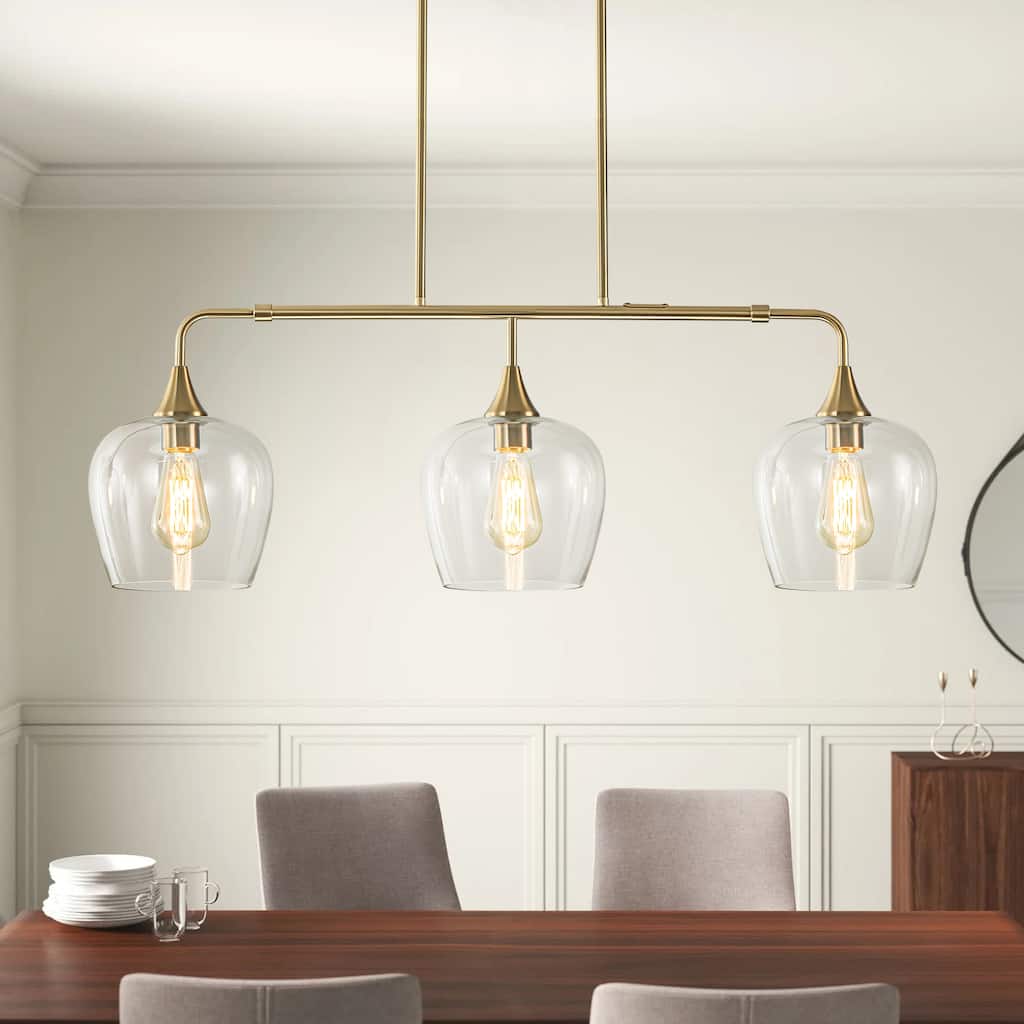 3-Light Modern Gold Linear Kitchen Island Lights with Clear Glass Shade
