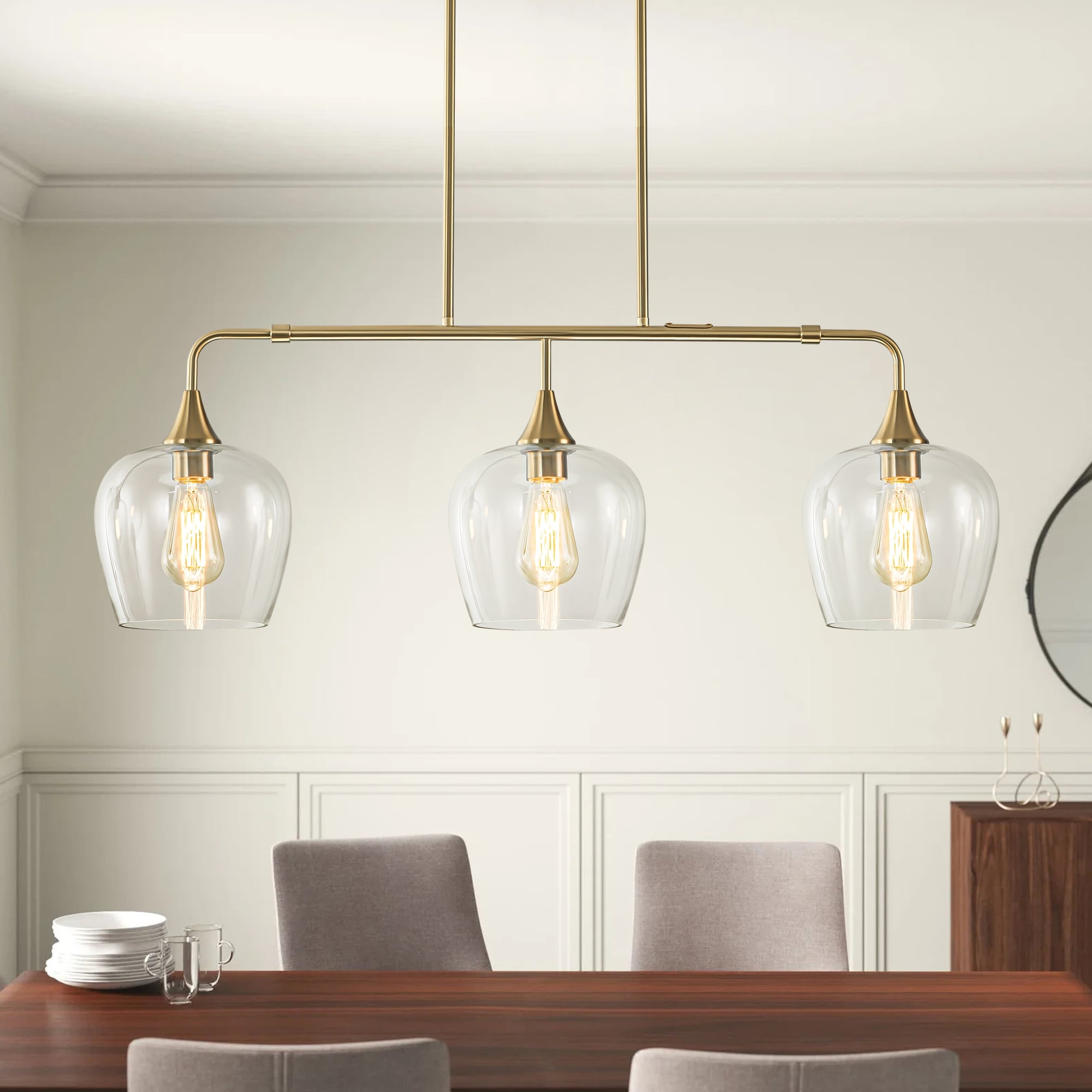 3-Light Modern Gold Linear Kitchen Island Lights with Clear Glass Shade