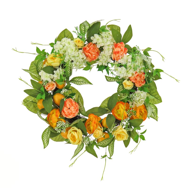 National Tree Company 24 inch Artificial Wreath with Lemons, Hydrangeas, and Buttercups, Realistic Floral Decoration