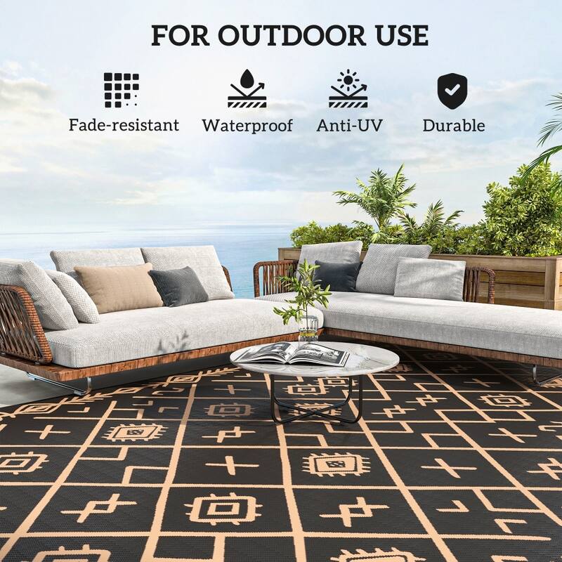 Reversible Outdoor Rug Rhombus Pattern, UV-Protected Foldable Polypropylene Mat with Carry Bag - 215.7" L x 107.9" W