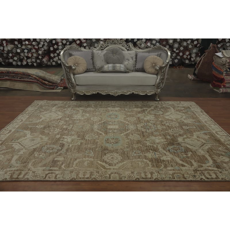 Hand Knotted Oriental 100% Wool Carpet Transitional All-Over Brown Oushak Area Rug - 10' 0'' X 7' 9''