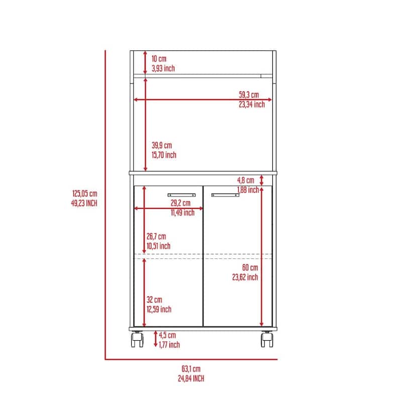 Kitchen Kart, Double Door Cabinet, One Open Shelf, Two Interior Shelves -White