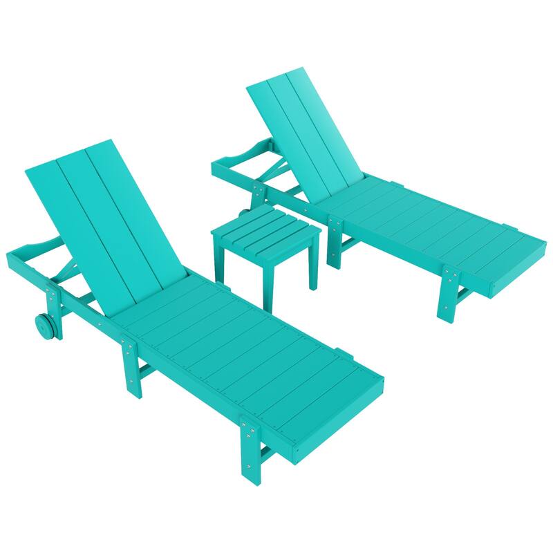 Polytrends Shoreside Modern Poly Eco-Friendly All Weather Reclining Pool Chaise Lounge With Wheels and Side Table (3-Piece Set)