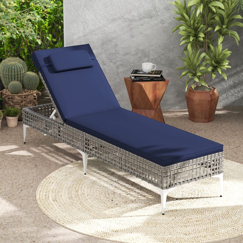 Mixed Grey Rattan Chaise Lounge Chair with Navy Blue Cushion, Adjustable Backrest - 76.5" x 21.5" x 12.5"
