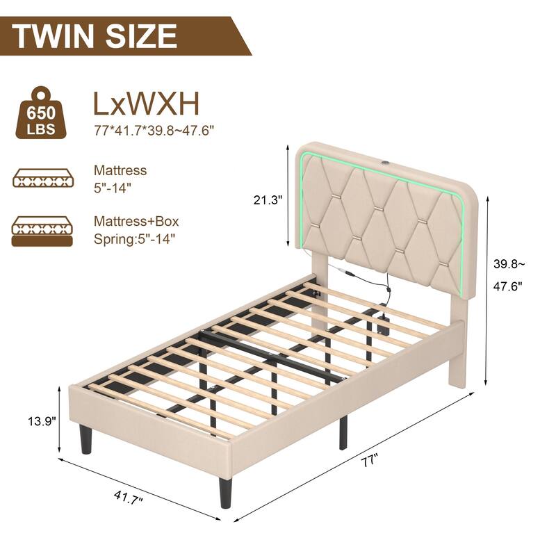2 Pieces Twin Size Bed Frame with LED Light and Charging Station, Upholstered Platform Bed with Adjustable Height Headboard