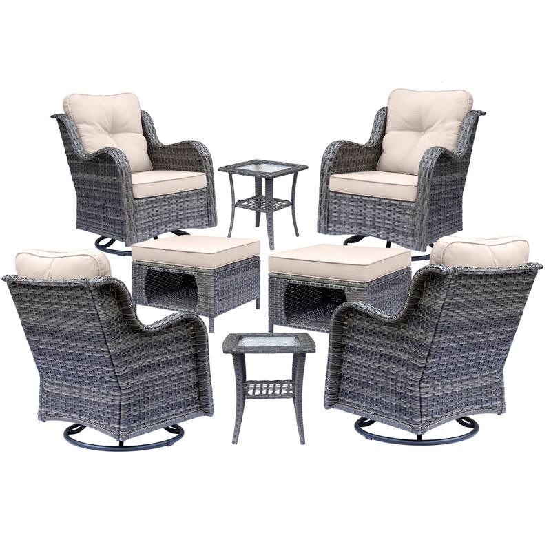 8 Piece Wicker Patio Swivel Outdoor Rocking Chair Set with Ottoman