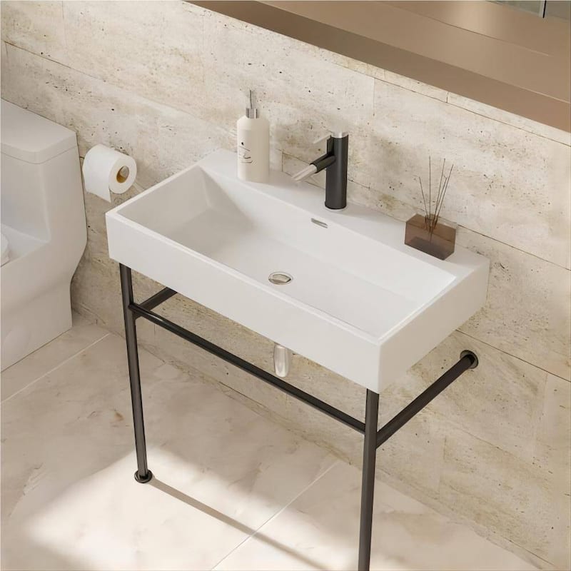 Dornberg 30" Bathroom Ceramic Console Sink White Basin and Legs with Overflow - White Basin Black Legs