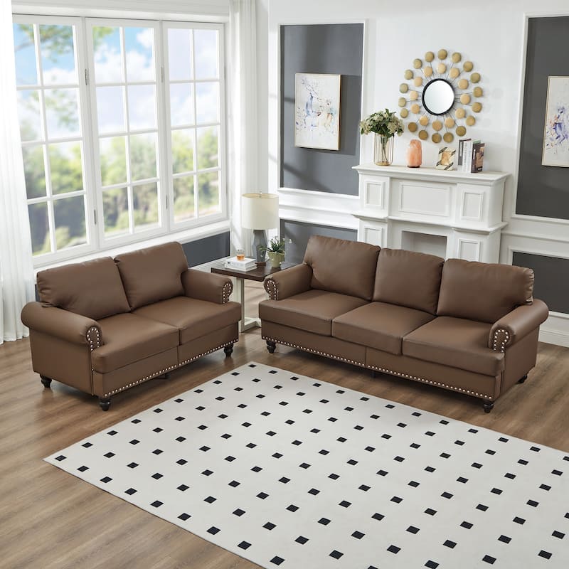 Roomfitters Modern Classic 2+3 Seater Sofa Set with Nailhead Trim, Upholstered Faux Leather Loveseat & Couch for Living Room - Brown