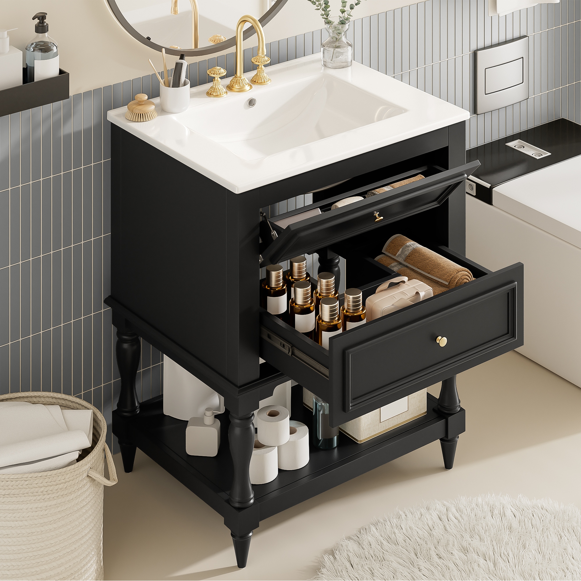 24" Retro Bathroom Vanity with Ceramic Sink & 2 Drawers - Solid Wood Storage Cabinet with Open Shelf