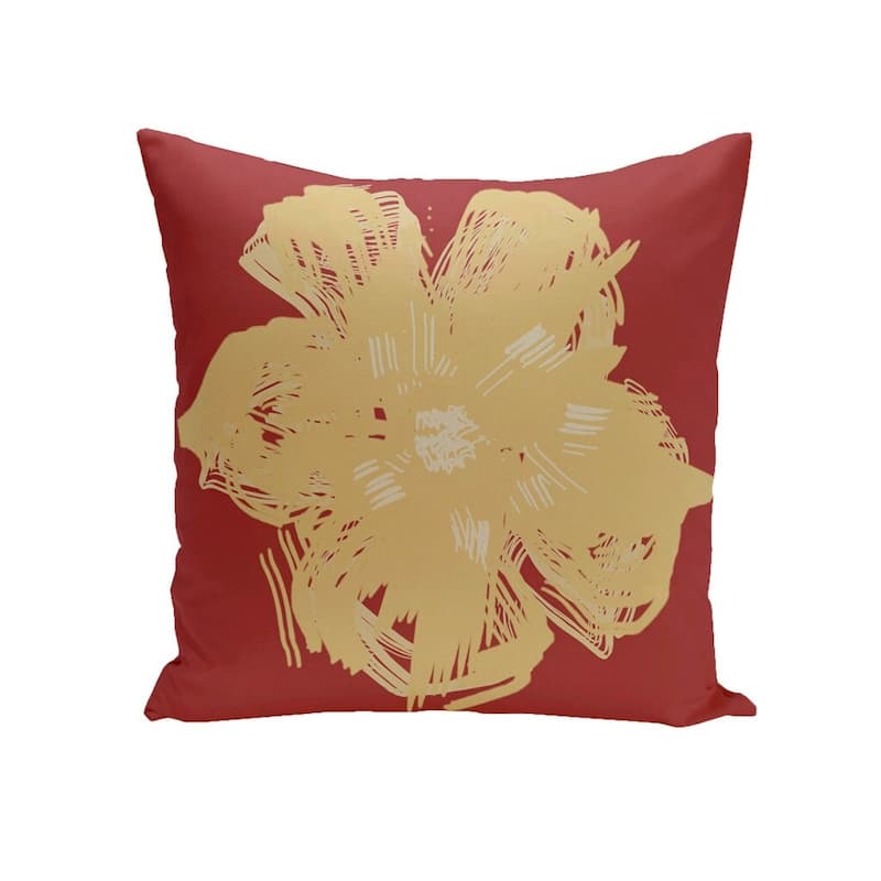 Decorative Outdoor Abstract Floral Print 20-inch Pillow - Yellow on Red