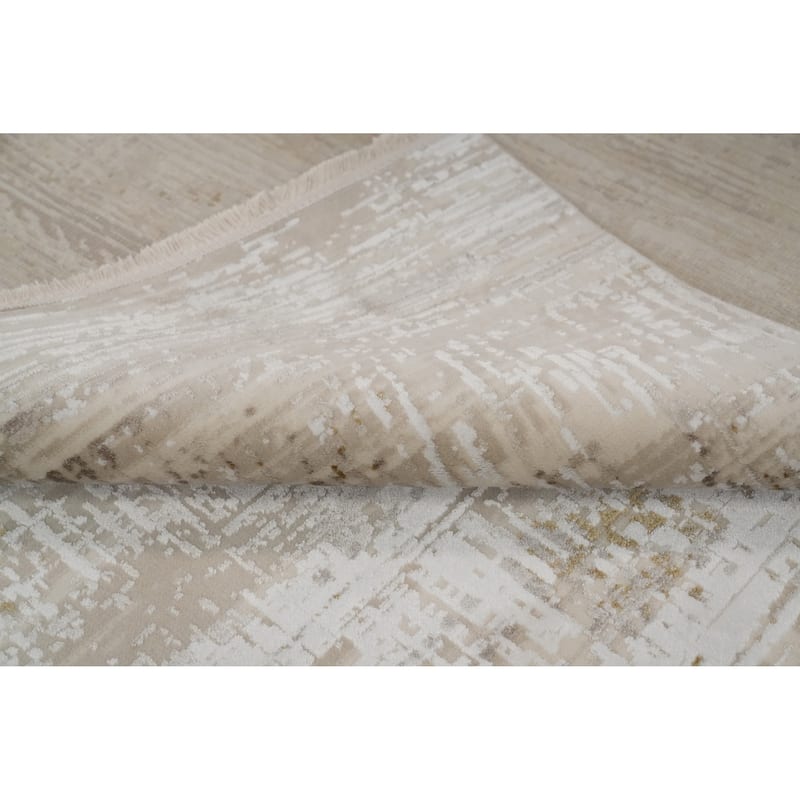 Machine Made Oriental Polyester Carpet Abstract Beige & Ivories Distressed Area Rug - 7' 5'' X 5' 2''