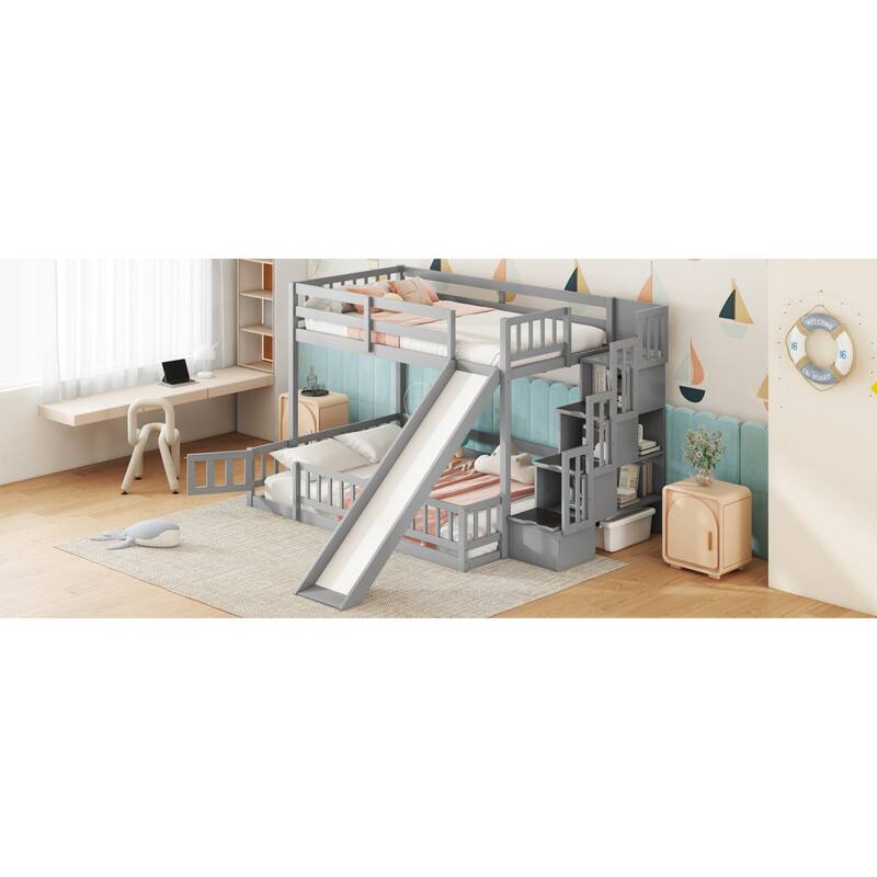 Roomfitters Twin Over Full Bunk Bed with Slide and Storage Staircase, Solid Pine Wood Bunk Bed with Guardrails