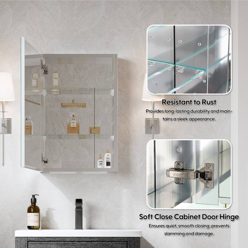Recessed or Surface Wall Mount Bathroom Medicine Cabinet With Adjustable Glass Shelves