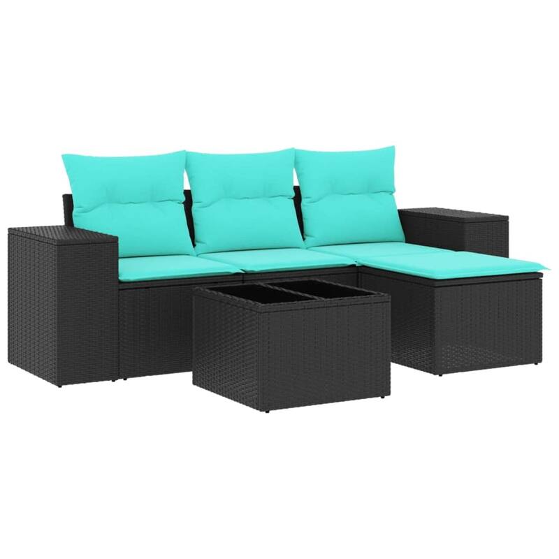 vidaXL 5 Piece Patio Sofa Set with Cushions Black Poly Rattan - 21.7 x 24.4 x 27.2