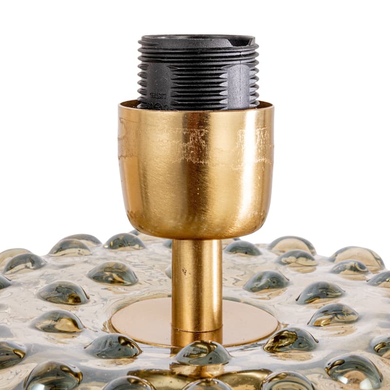 Glass Hobnail Table Lamp with Brass Finish Base, Cotton Shade and Inline Switch, Metallic Finish and Smoke Color