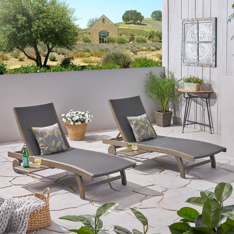 2-Piece Chaise Lounge Chairs with Wheels & Pull Out Side Tray, Adjustable Patio Wicker Reclining Chair