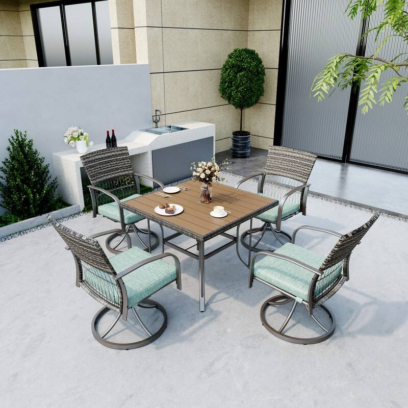 5-Piece Metal Patio Outdoor Dining Set with Square Table and Rattan Swivel Chairs with Cushion