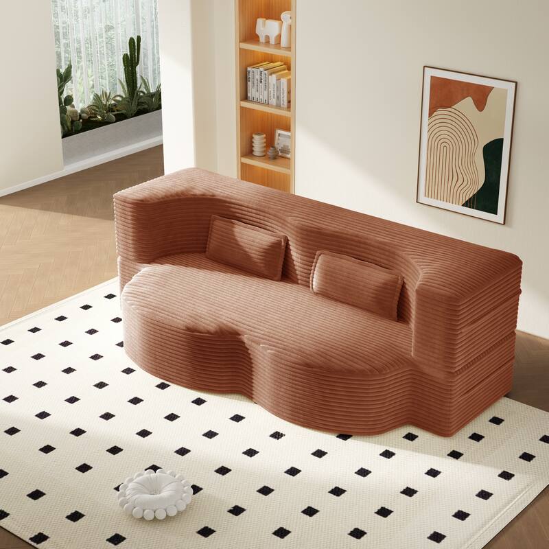 Modern Floor Sofa Bed, Convertible Corduroy Sleeper Couch Folding Loveseat with 2 Pillows - Orange