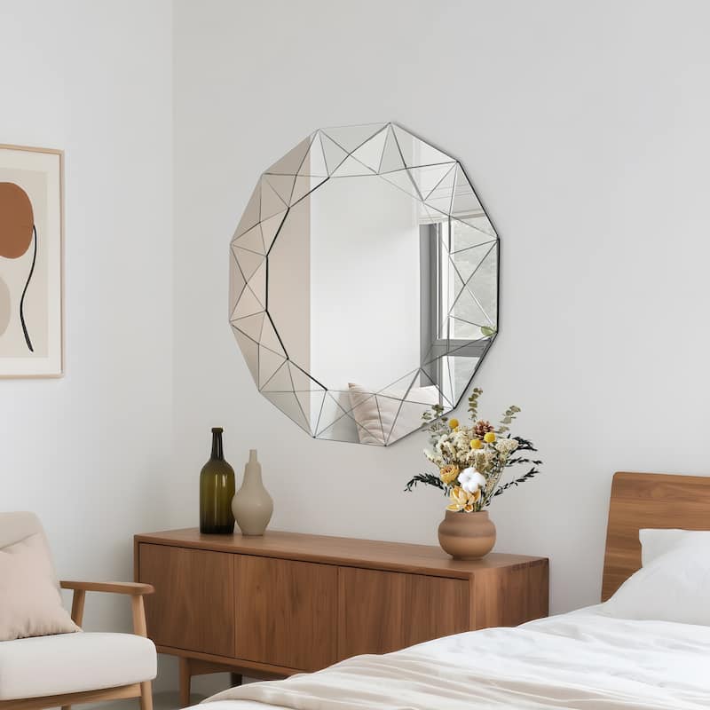 Avelia Modern Round Wall Mirror 39 Inch Geometric Beveled Glass with MDF Back - Silver/Chrome - Dia.39"*H1.2"