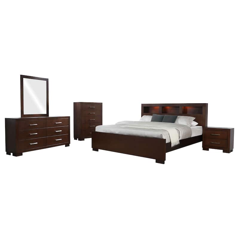 Bela 5 Piece Queen Bedroom Set, Bookcase Headboard, Dark Brown Wood