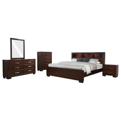 Bela 5 Piece Queen Bedroom Set, Bookcase Headboard, Dark Brown Wood