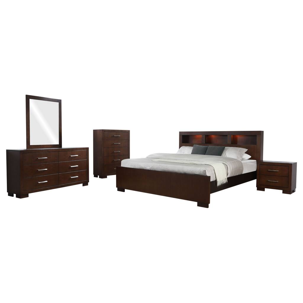 Bela 5 Piece Queen Bedroom Set, Bookcase Headboard, Dark Brown Wood