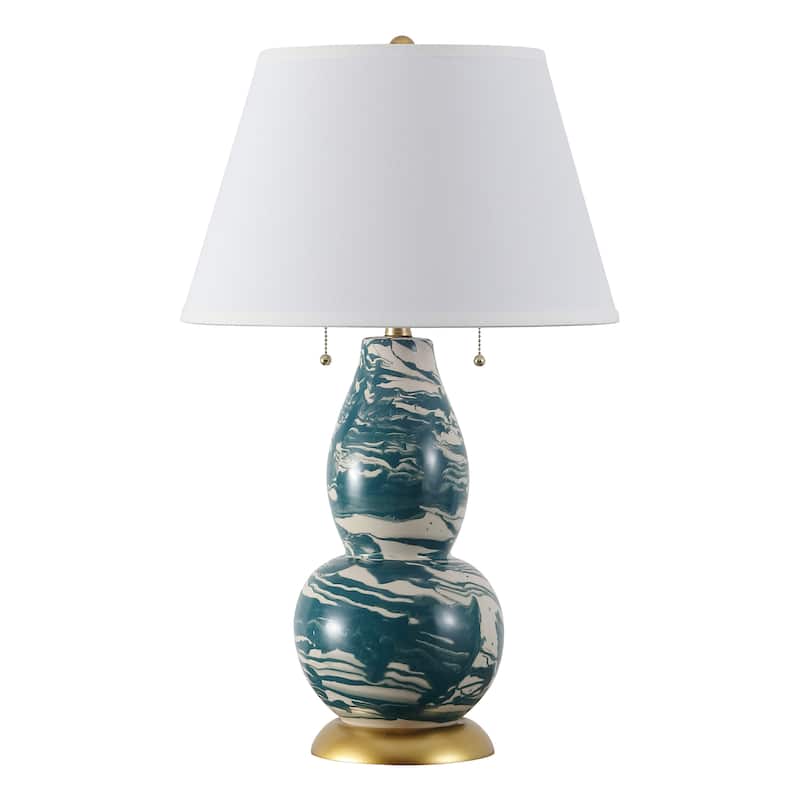 SAFAVIEH Lighting Sebrina 29-inch Navy And White Color Swirls Glass Table Lamp (Set of 2) - 17"x17"x28" - 17Wx17Dx28H