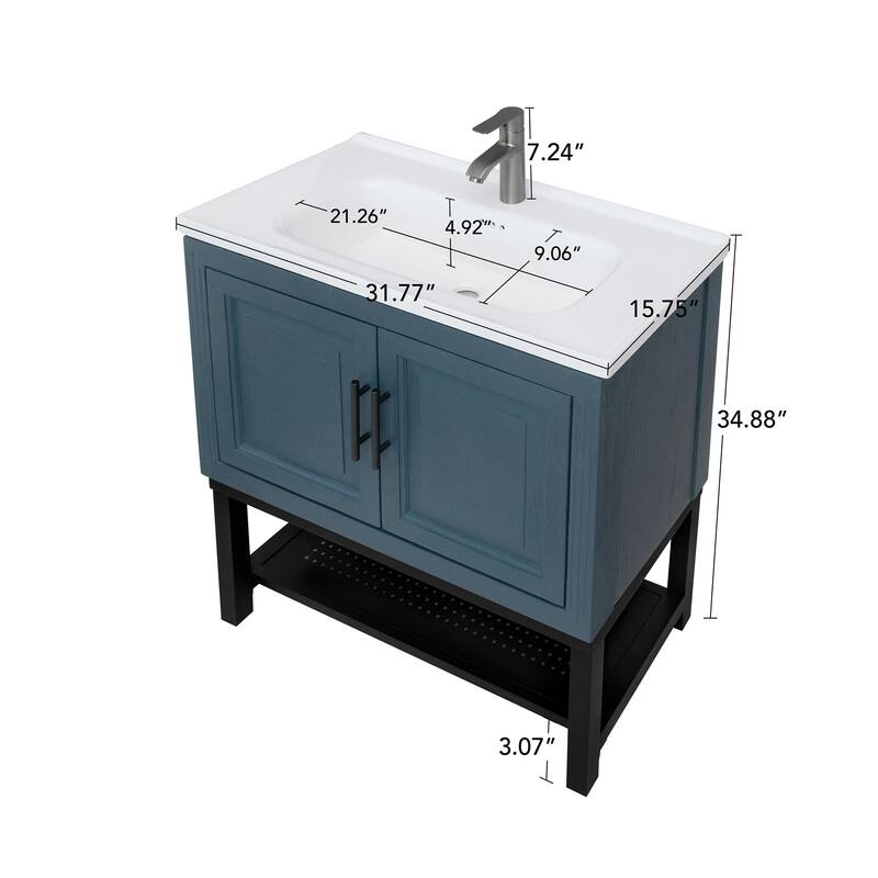 Roomfitters 32" Bathroom Vanity with Ceramic Sink, Freestanding Bathroom Cabinet with Storage & Open Shelf