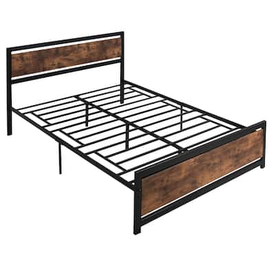 Queen Size Metal Platform Bed with Strong Slats, Headboard, and Footboard