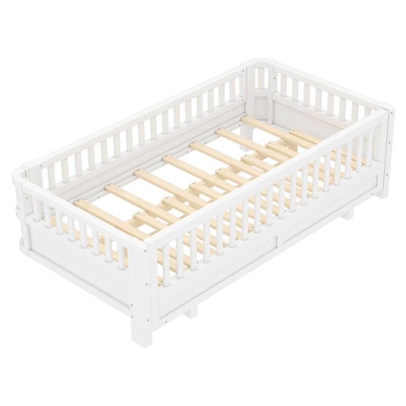 Wooden Platform Sofa Bed Frame with Guardrails, Solid Wood Pull Out Daybed, Can Be Converted into a Double Platform Bed