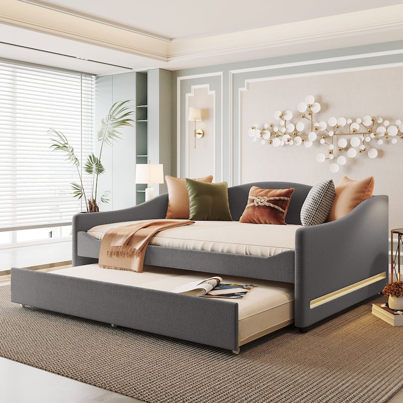 Full Size Upholstered Daybed with Trundle, Gray, Light Stripes, Modern Design - Gray