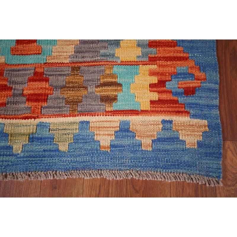 Geometric Kilim Reversible Runner Rug Flatweave Wool Carpet - 2'8"x 9'6"