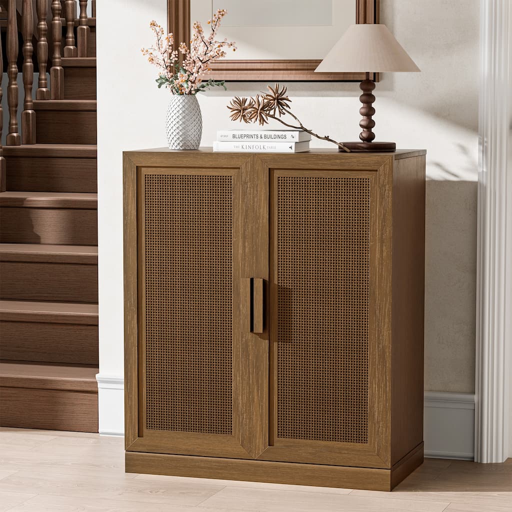 36"H Classic Storage Cabinet with Adjustable Shelves with Rattan Doors