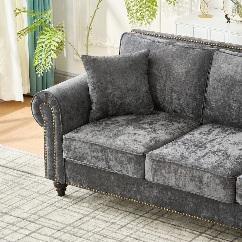 Living Room Deep Seat Rolled Arms Sofa Chenille Upholstered 3 Seater Couch with Wood Legs, Nailhead Trim and Pillows