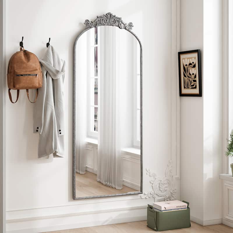 58"x24" Arched Full Body Hanging Wall Mounted Mirror with Vintage Ornate Carved Applique on Top