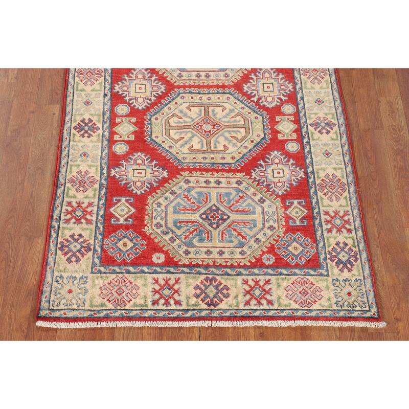 Geometric Kazak Oriental Accent Rug Handmade Red Wool Carpet - 3'5" x 4'11"