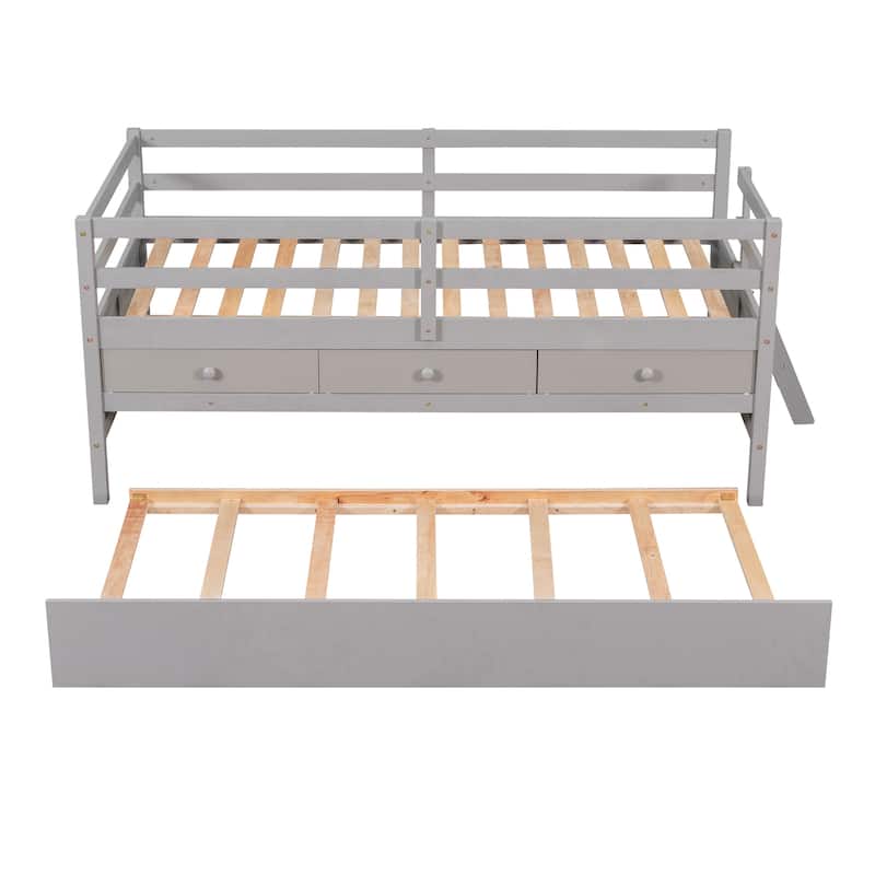 Solid Wood Low Bed with Full Safety Fence, Climbing ladder,Storage Drawers and Trundle