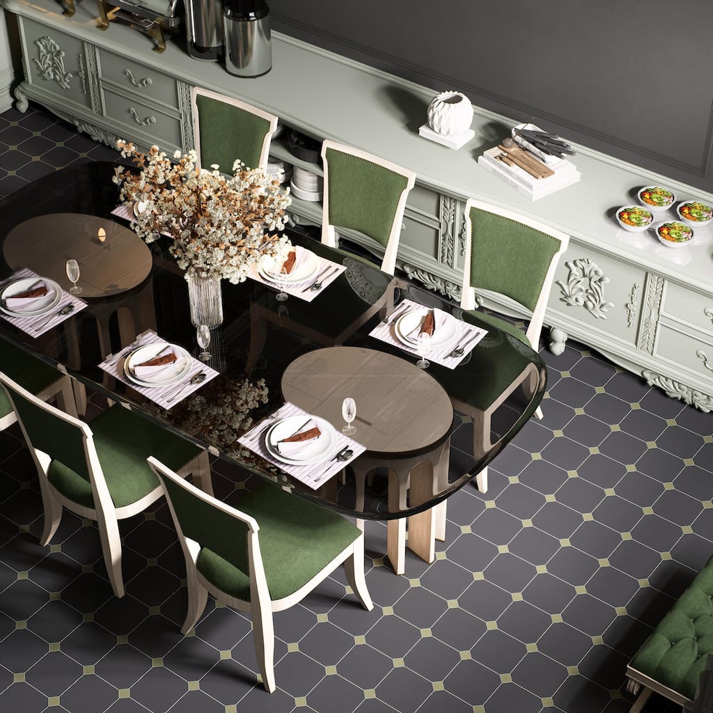 Merola Tile Vaudeville Octagon Antracita with Taco Oliva 7-7/8" x 7-7/8" Porcelain Floor and Wall Tile