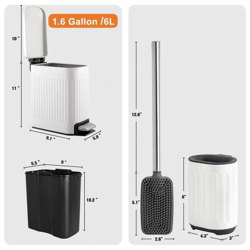 Bathroom Trash Can with Toilet Brush - White - 12.2 x 6.3 x 12.9