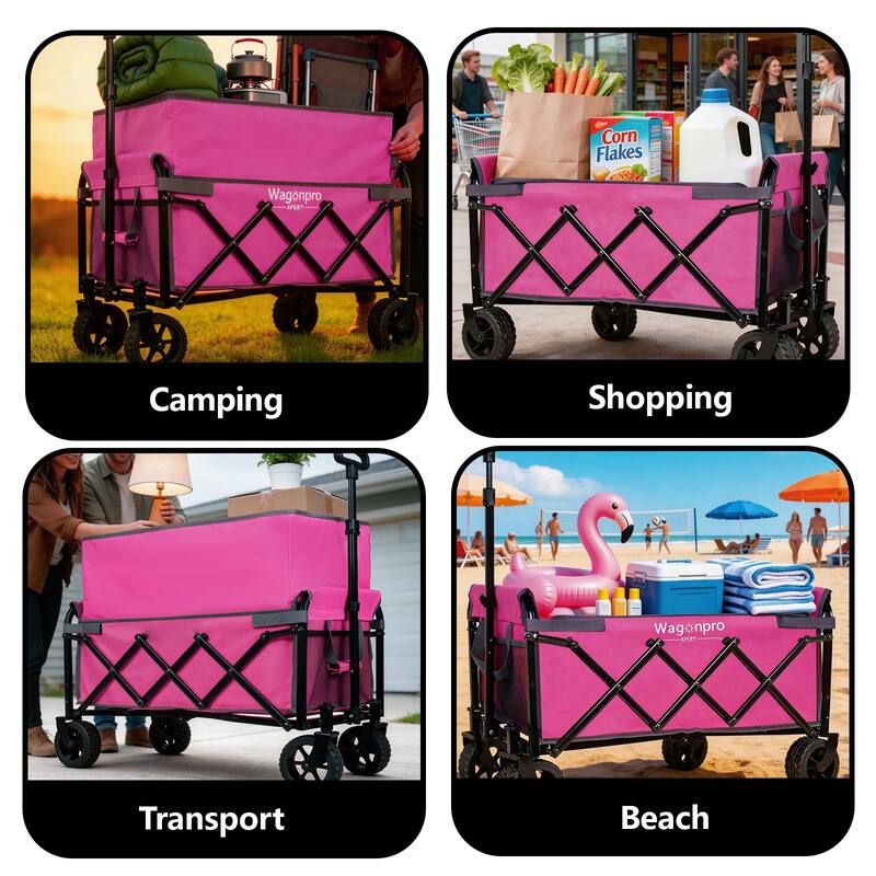 Upgraded 5*2"Wide Wheels-Expandable Dual-Layer Utility Wagon with 100% Extra Space, 220lbs Capacity Grocery Cart for Camping
