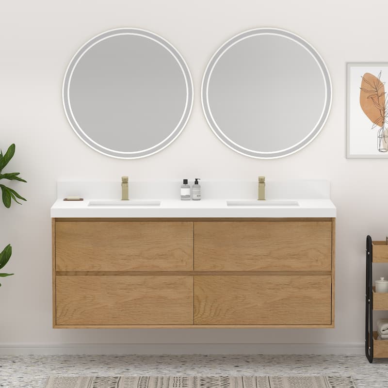 Sylphar 60 in. Toffee Oak Bath Vanity with Undermount Sink, 3 Top Options - Pure White Sparkle Quartz Top Set